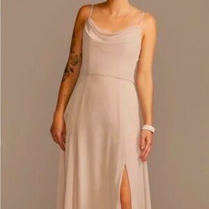 David's Bridal Cowl Neck Bridesmaid Dress in Biscotti